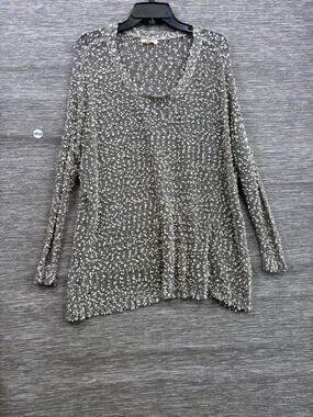 Ryu Luxury Open Knit Sweater Womens Size M/L Gray Beige V-Neck Long Sleeve